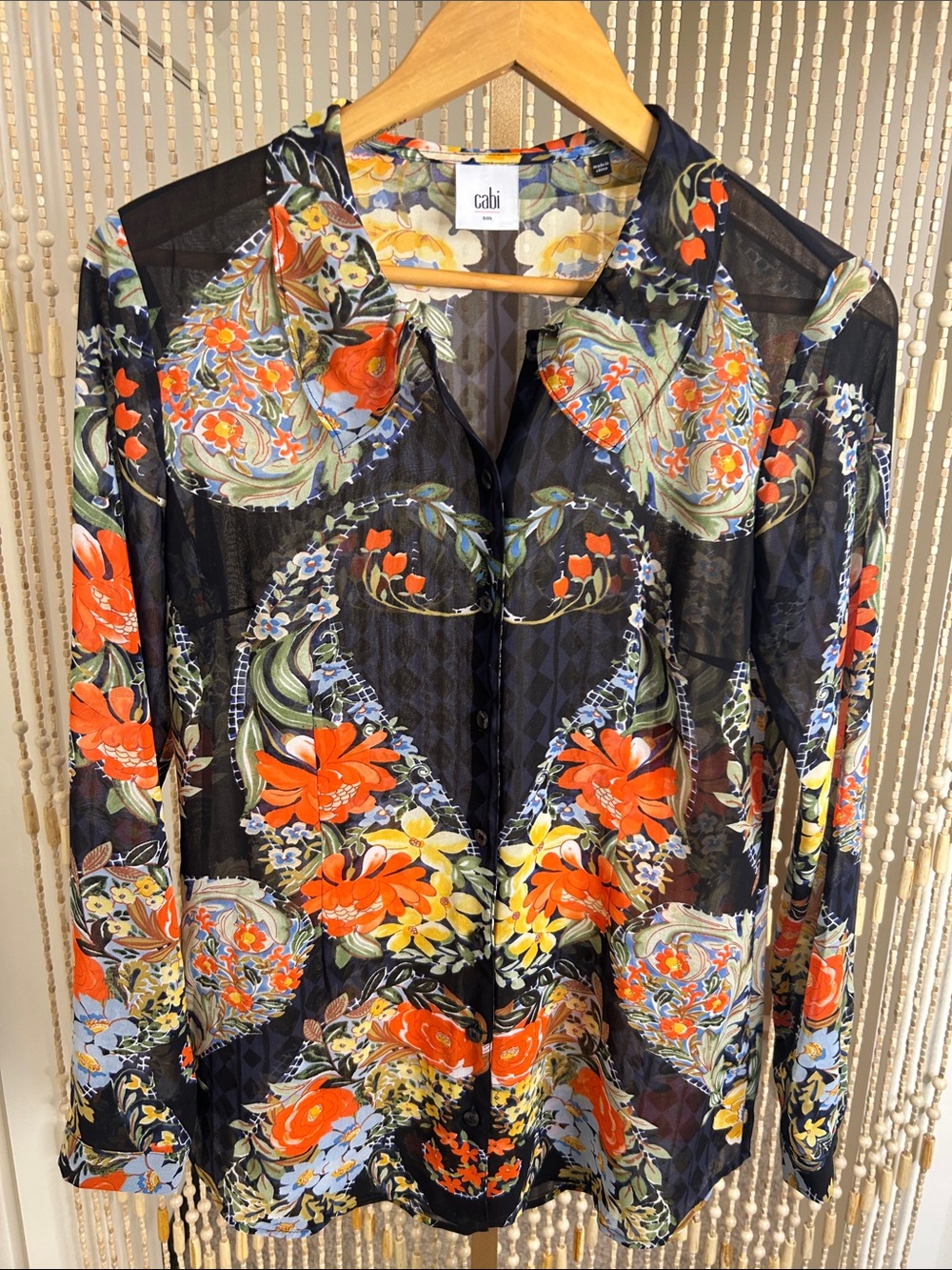 CAbi Amour Black Sheer Floral Button-Up Blouse with Orange & Yellow Accents